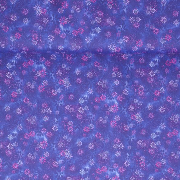 Tissu Coton imprimé  fleurs Liora sur fond Bleu - Par 10 cm