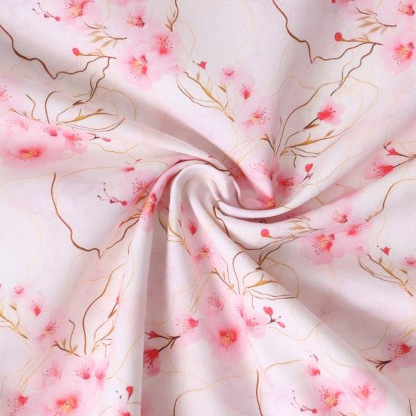 Tissu Coton imprimé  Sakurine fleurs Roses sur fond Rose pâle - Par 10 cm