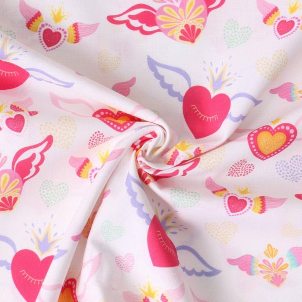 Tissu Coton imprimé Alya cœurs Fuchsia sur fond Rose clair - Par 10 cm