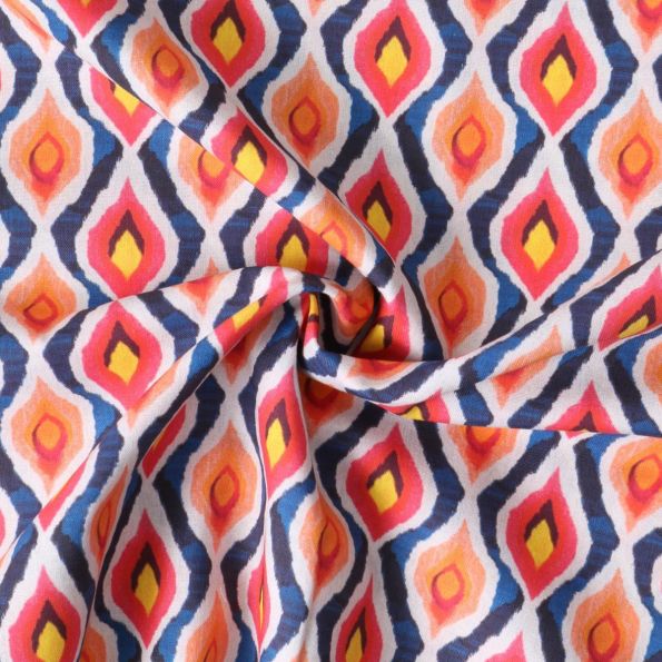 Tissu Coton imprimé  Solkha motifs géométriques Rouges sur fond Bleu marine - Par 10 cm