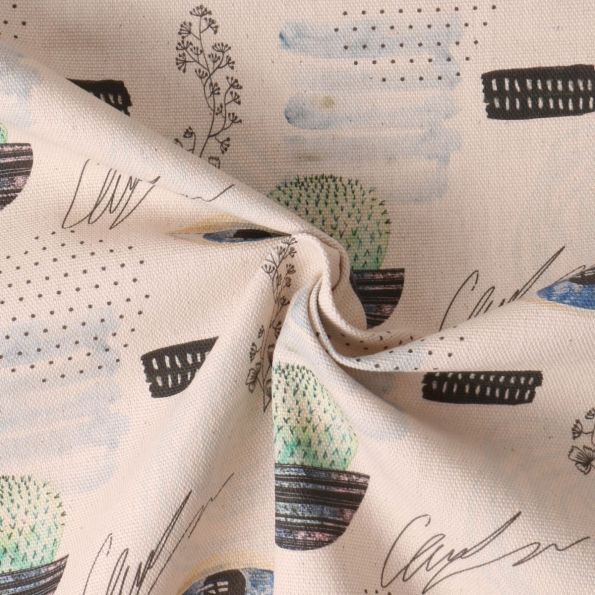 Tissu coton imprimé Tiempo Cactus et oeil sur fond Beige - Par 10 cm