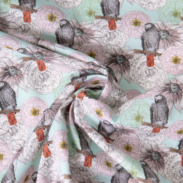 Tissu Coton imprimé Perroquet flower sur fond Vert menthe - Par 10 cm