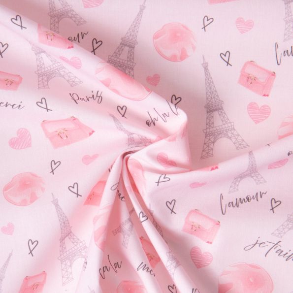 Tissu Coton imprimé Love Paris sur fond Rose pâle - Par 10 cm