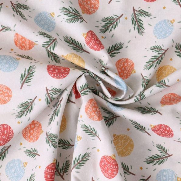 Tissu Coton imprimé  Célestine boules de Noël sur fond Blanc - Par 10 cm