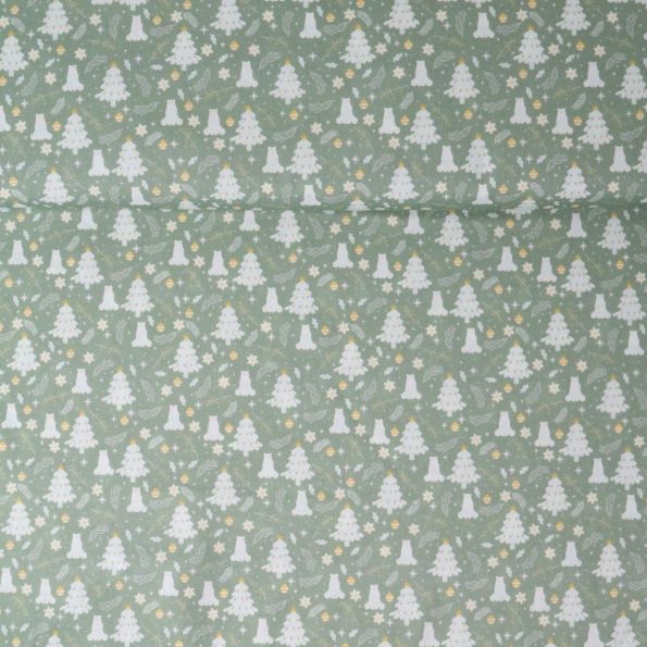 Tissu Coton imprimé Lilwenn forêt enneigée sur fond Vert d'eau - Par 10 cm