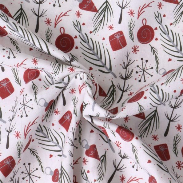 Tissu Coton imprimé Ysaline décorations de Noël Rouges sur fond Blanc - Par 10 cm