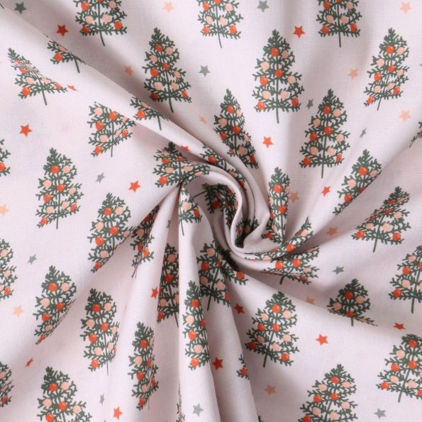Tissu Coton imprimé Elaya petit sapin sur fond Rose poudré - Par 10 cm