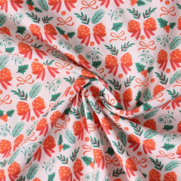 Tissu Coton imprimé Clara ruban de fête Orange sur fond Blanc cassé - Par 10 cm