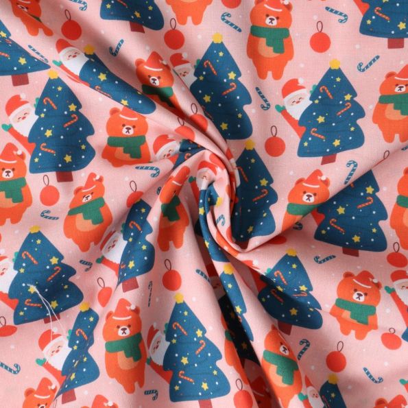 Tissu Coton imprimé  Nayah forêt des oursons sur fond Rose bébé - Par 10 cm