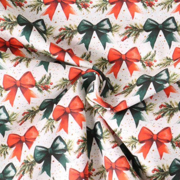 Tissu Coton imprimé Norélia grands nœuds décoratifs sur fond Blanc cassé - Par 10 cm