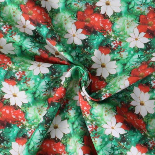 Tissu Coton imprimé  Elvena fleurs de Noël Rouges et blanches sur fond Vert épicéa - Par 10 cm