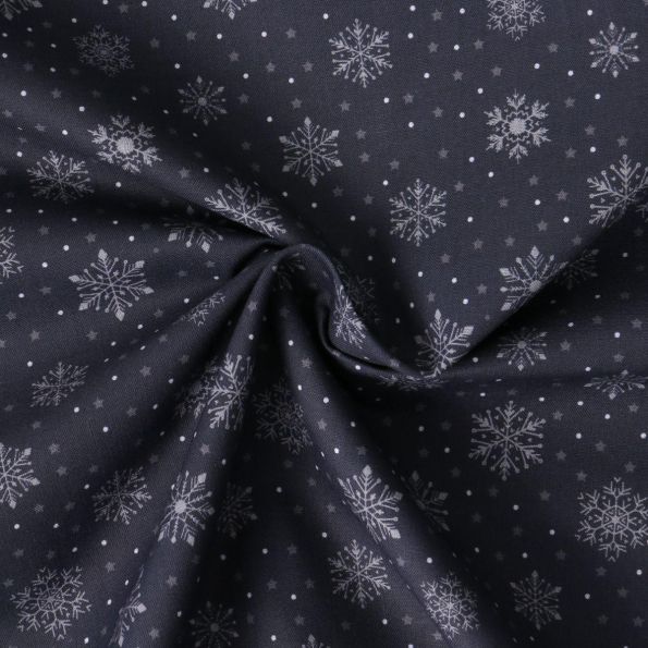 Tissu Coton imprimé Elia flocons argentés sur fond Bleu marine - Par 10 cm