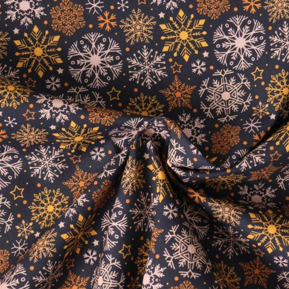 Tissu Coton imprimé Aurélia flocons de neige sur fond Bleu marine - Par 10 cm