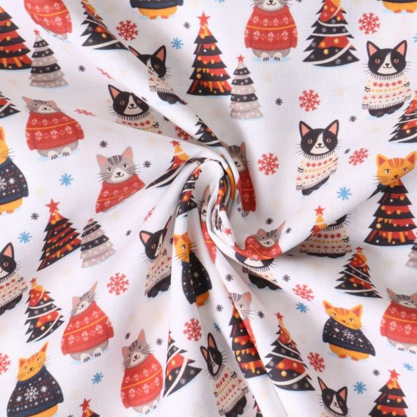 Tissu Coton imprimé  Chatpin Noël sur fond Blanc - Par 10 cm