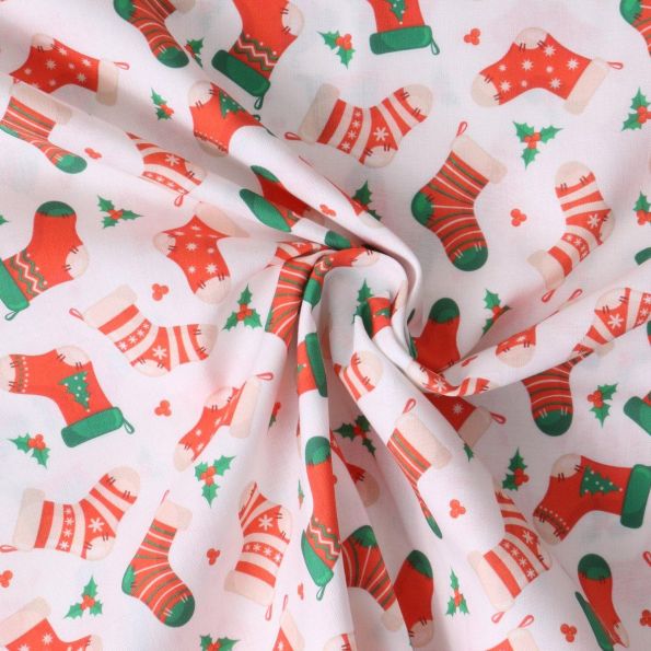 Tissu Coton imprimé Mila chaussettes de Noël Rouges sur fond Blanc - Par 10 cm