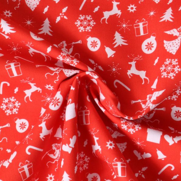 Tissu Coton imprimé Noelva motif de Noël sur fond Rouge - Par 10 cm