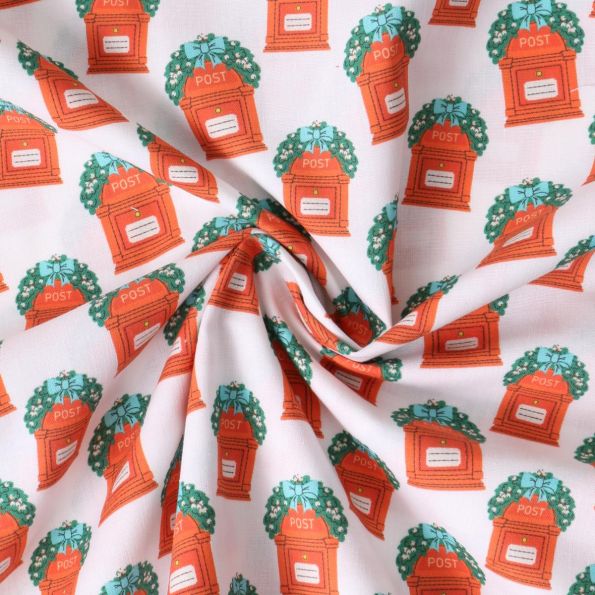 Tissu Coton imprimé Mirelda boîtes postales de Noël sur fond Blanc - Par 10 cm