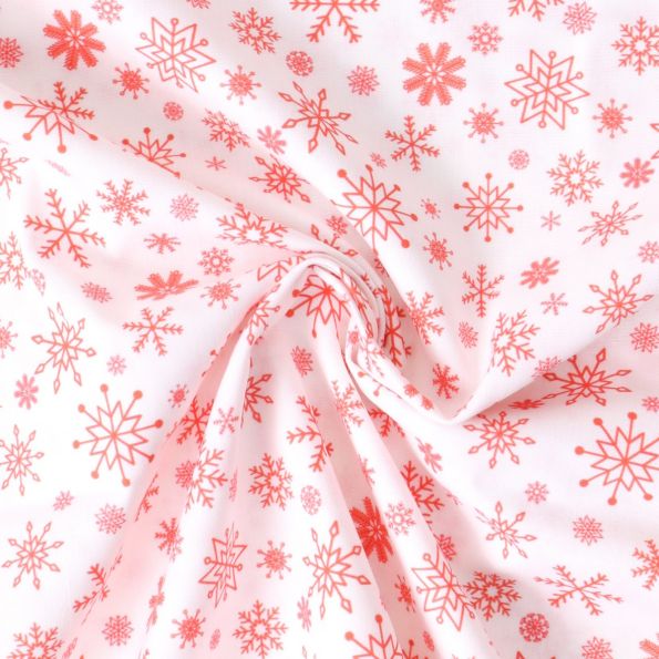 Tissu Coton imprimé Eryna flocons Rouges sur fond Blanc - Par 10 cm