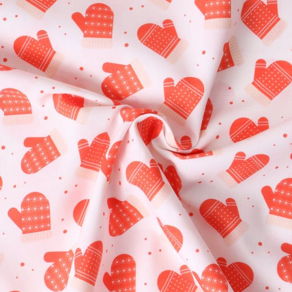 Tissu Coton imprimé Noélya moufles Rouges sur fond Blanc - Par 10 cm