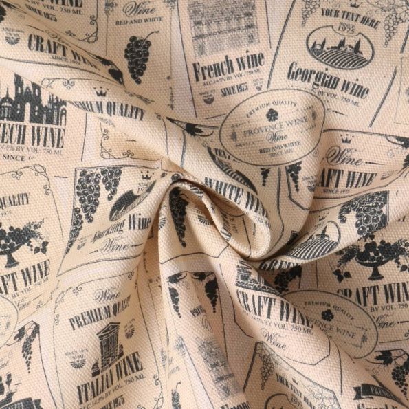 Tissu coton imprimé Sol Etiquette vin sur fond Beige - Par 10 cm