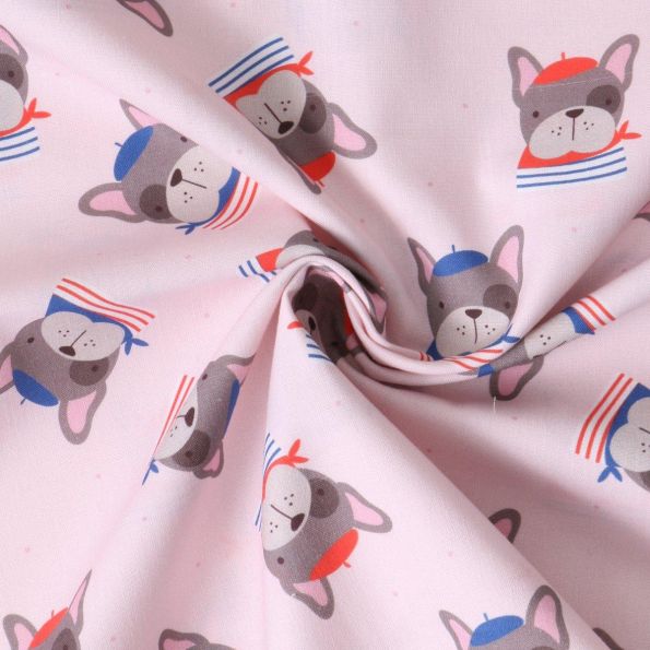 Tissu Coton imprimé  Bouledogue Parisien sur fond Rose pâle - Par 10 cm