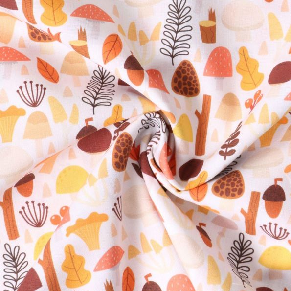 Tissu Coton imprimé  Champifolies en automne sur fond Crème - Par 10 cm