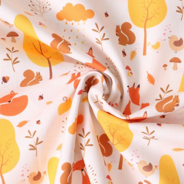 Tissu Coton imprimé  Sylvani animaux en automne sur fond Crème - Par 10 cm