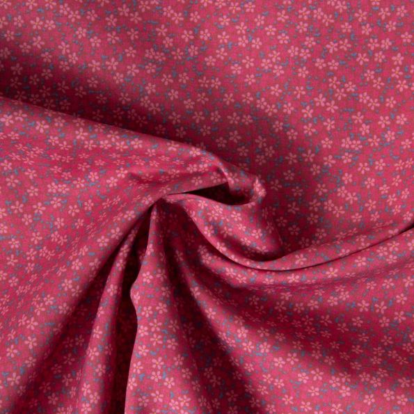 Tissu Voile de Coton digital imprimé marguerites miniatures rose clair & bleu grisé sur fond Rose fuchsia - Par 10 cm