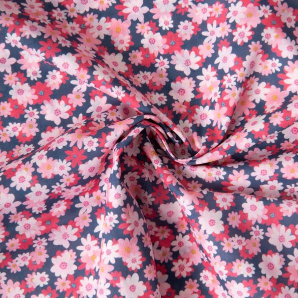 Tissu Popeline de Coton légère imprimé Carmen floral rétro sur fond Bleu marine - Par 10 cm