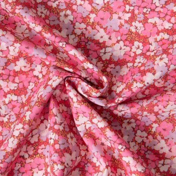 Tissu Popeline de Coton légère imprimé Inès floral décoratif rétro sur fond Framboise - Par 10 cm