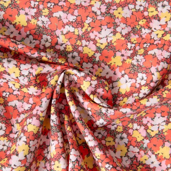 Tissu Popeline de Coton légère imprimé Inès floral décoratif rétro sur fond Corail - Par 10 cm