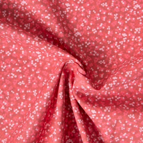 Tissu Voile de Coton digital imprimé fleurs miniatures blanc cassé & rose clair sur fond Rose corail - Par 10 cm