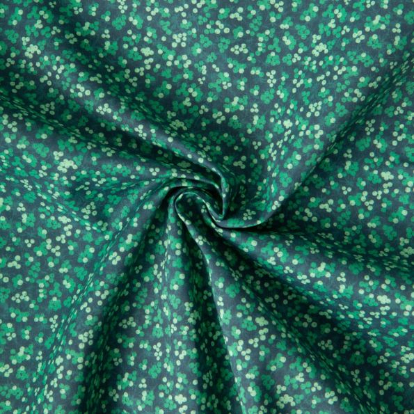 Tissu Voile de Coton digital imprimé fleurs miniatures vert clair et vert moyen sur fond Vert sapin - Par 10 cm