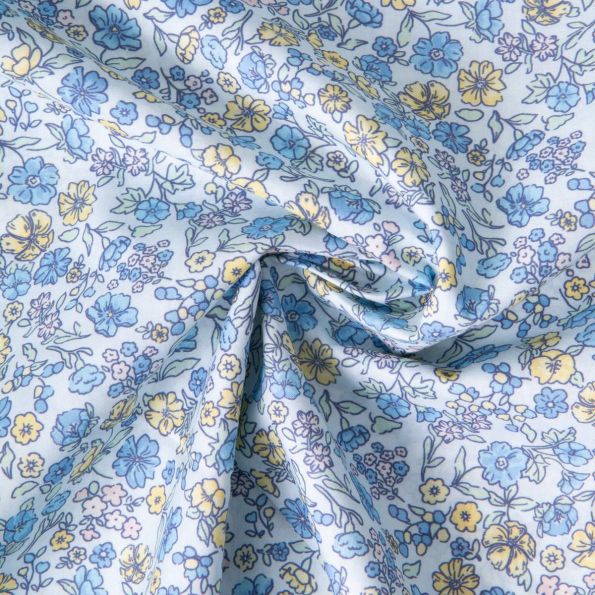 Tissu Popeline de Coton légère floral vintage sur fond Bleu ciel - Par 10 cm