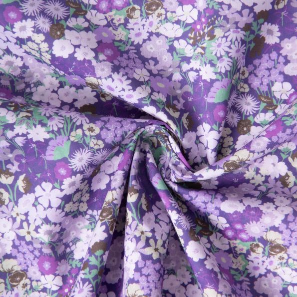 Tissu Popeline de Coton légère imprimé Rétro sur fond Violet - Par 10 cm