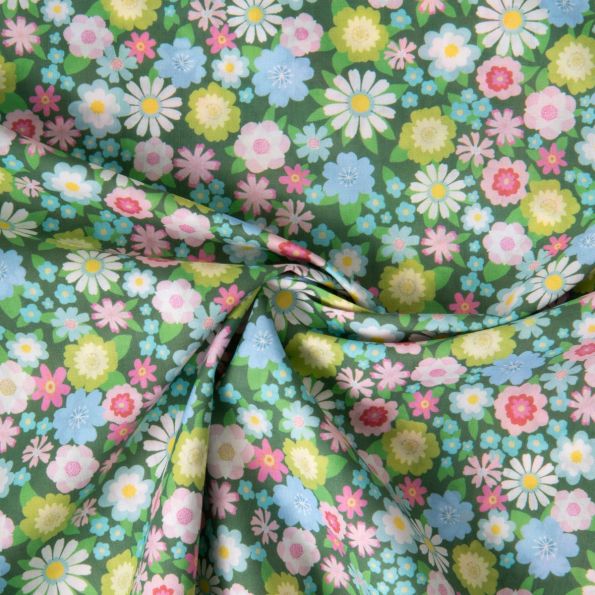 Tissu Voile de Coton digital imprimé Flower power sur fond Vert sapin - Par 10 cm