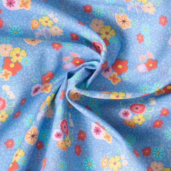 Tissu Popeline de Coton légère imprimé Lola Fleuri Rétro sur fond Bleu ciel chiné - Par 10 cm