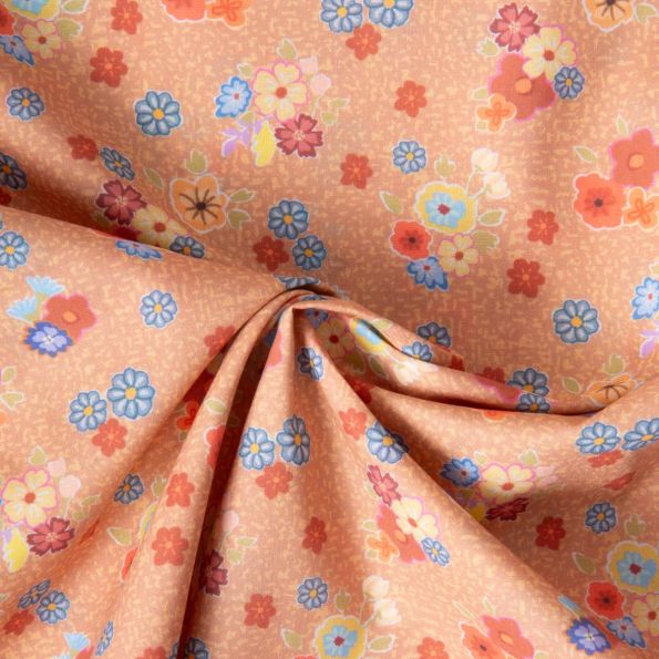 Tissu Popeline de Coton légère imprimé Lola Fleuri Rétro sur fond Abricot - Par 10 cm