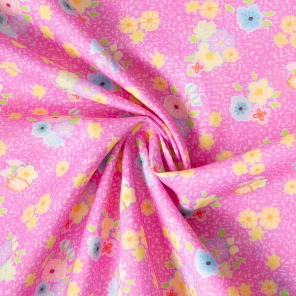 Tissu Popeline de Coton légère Fleuri Rétro sur fond Rose - Par 10 cm