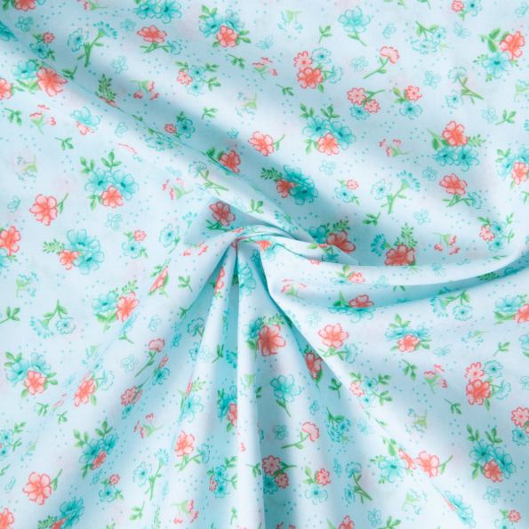 Tissu Voile de Coton digital imprimé Jardin celeste sur fond Bleu ciel - Par 10 cm