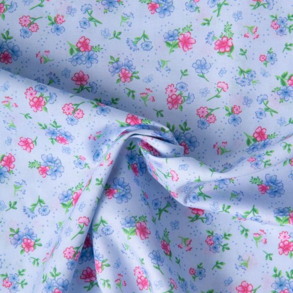 Tissu Popeline de Coton légère Jardin celeste sur fond Bleu ciel - Par 10 cm