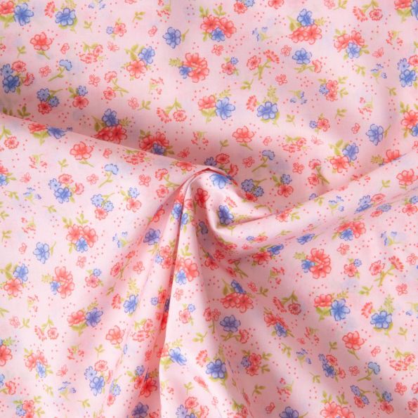 Tissu Voile de Coton digital imprimé Jardin celeste sur fond Rose poudré - Par 10 cm