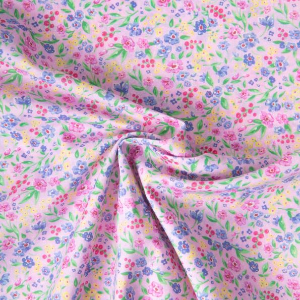 Tissu Voile de Coton digital imprimé Jardin en Fleurs sur fond Rose clair - Par 10 cm