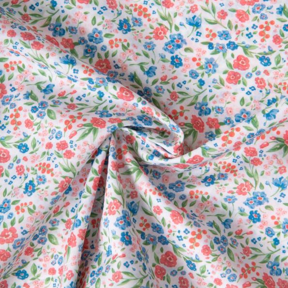 Tissu Voile de Coton digital imprimé Jardin en Fleurs sur fond Blanc cassé - Par 10 cm