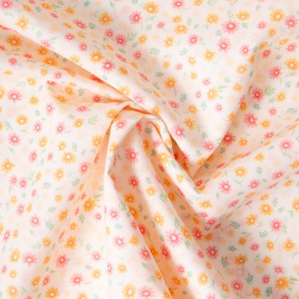 Tissu Voile de Coton digital imprimé Soleil de printemps sur fond Ecru - Par 10 cm