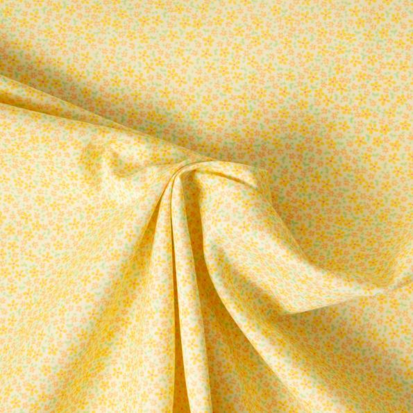 Tissu Popeline de Coton légère Tapis floral jaune, abricot et vert pastel sur fond Jaune pastel - Par 10 cm