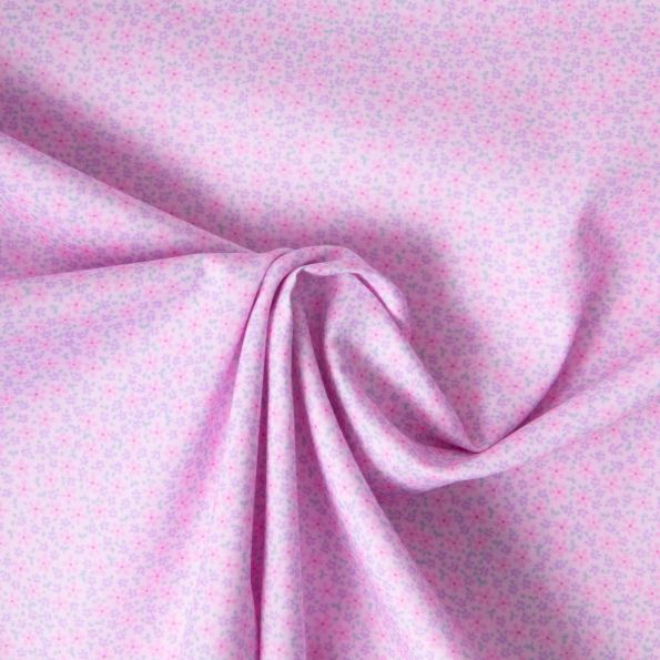 Tissu Popeline de Coton légère Tapis floral rose, lavande et bleu pastel sur fond Rose pâle - Par 10 cm