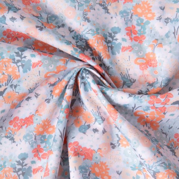 Tissu Popeline de Coton légère Petites fleurs bleues et oranges sur fond Blanc - Par 10 cm