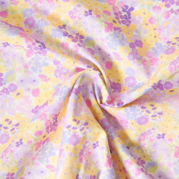 Tissu Popeline de Coton légère Petites fleurs roses et jaunes sur fond Blanc - Par 10 cm