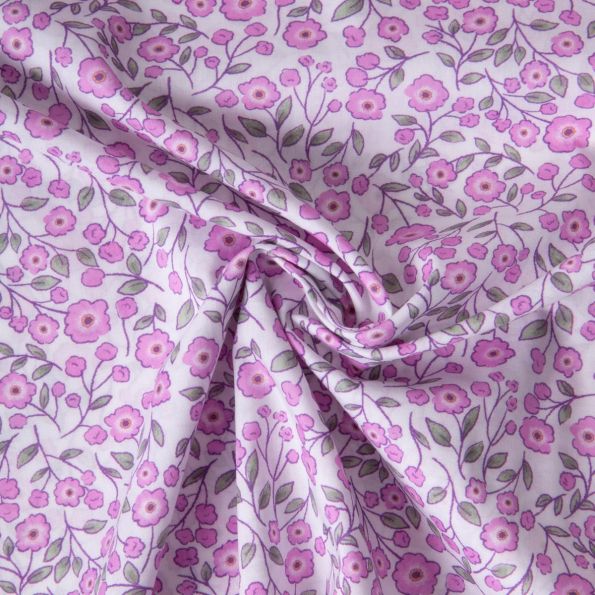 Tissu Popeline de Coton légère floral fuschia, rose et vert sauge sur fond Blanc cassé - Par 10 cm